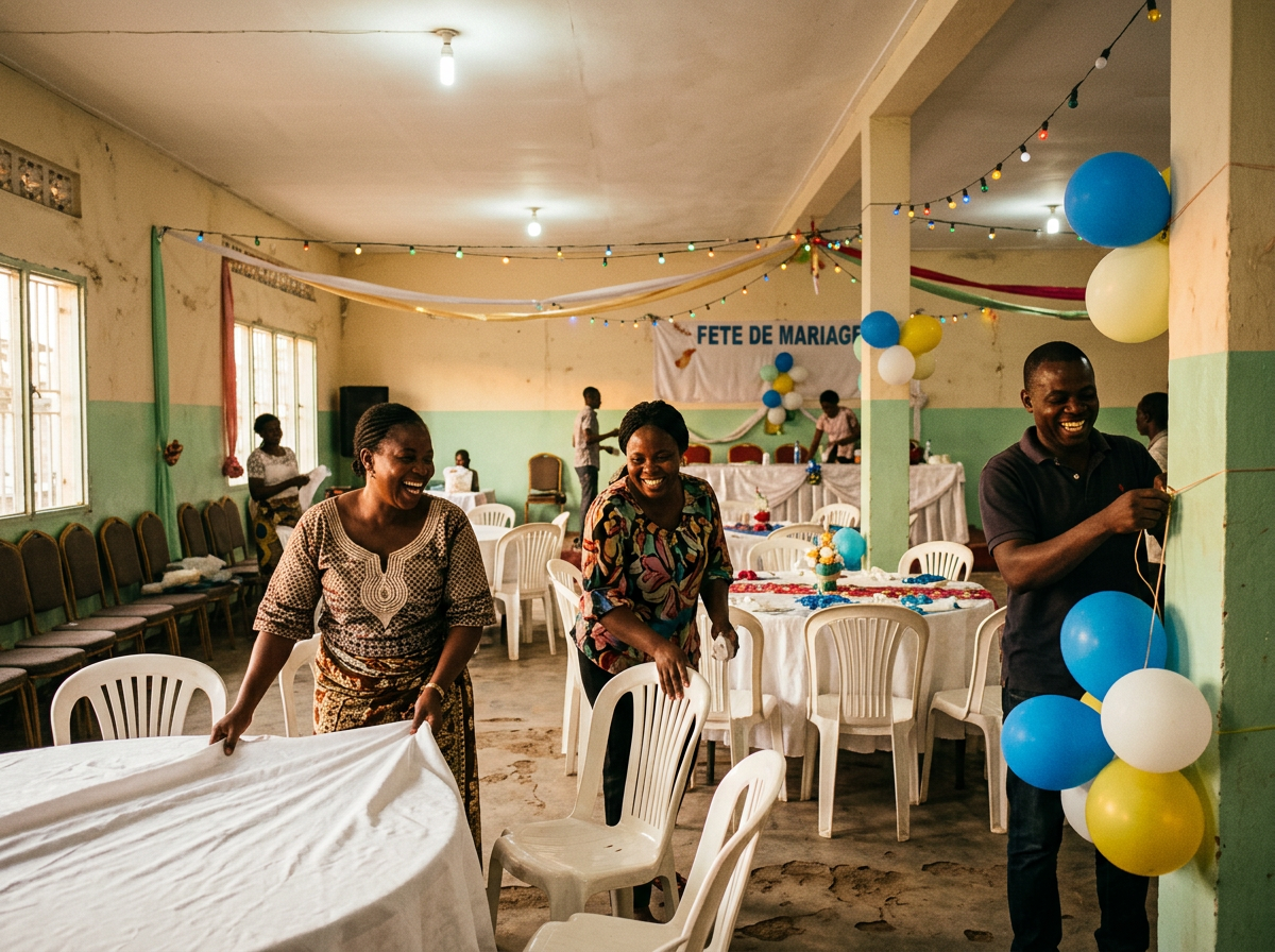 Salle de fête décorée pour un mariage à Kinshasa